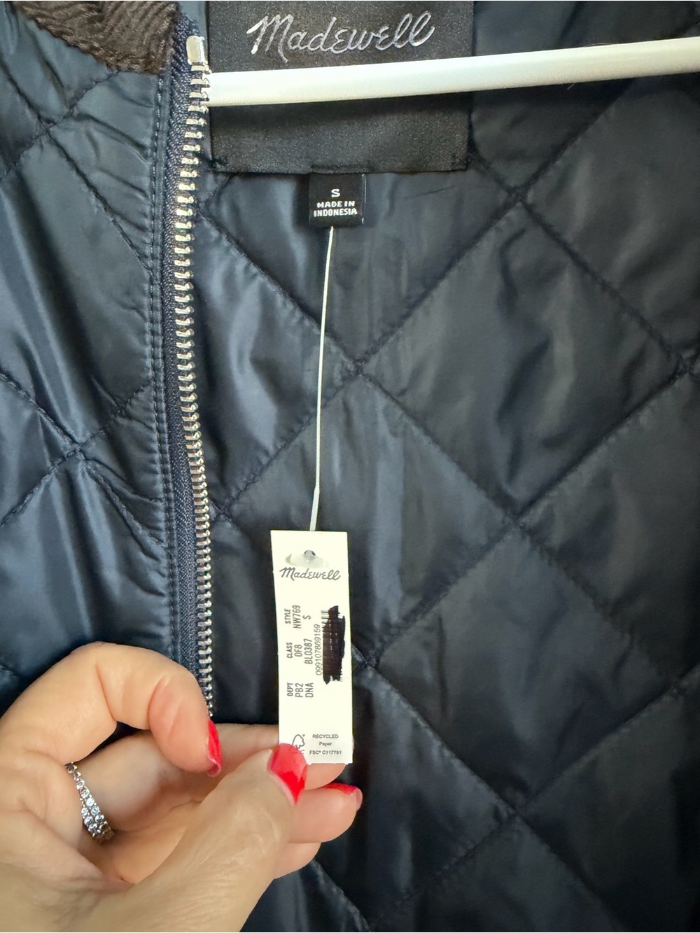 Madewell Quilted Jacket Navy Corduroy Trim Lightweight Puffer NW769 Mens Small - Picture 6 of 9